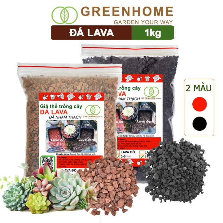 Đá nham thạch lava Greenhome, bao 1kg, màu đỏ, đen, size 3-6mm, sạch bụi, cho thủy sinh, bonsai, xương rồng