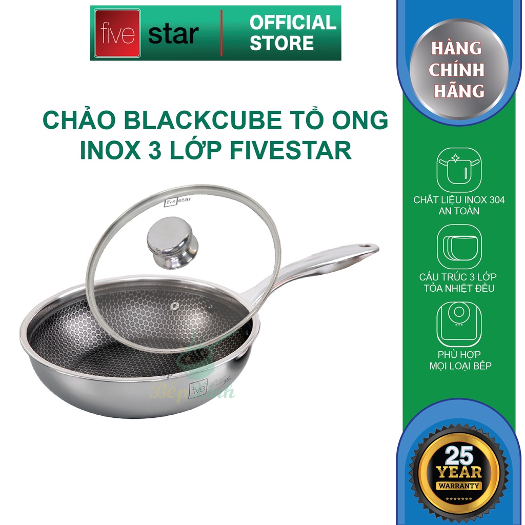 Ảnh Chảo sâu lòng tổ ong 3 lớp đáy liền inox 304 Blackcube FiveStar Plus nắp kính ( 24cm / 26cm / 28cm ), dùng được bếp từ 1