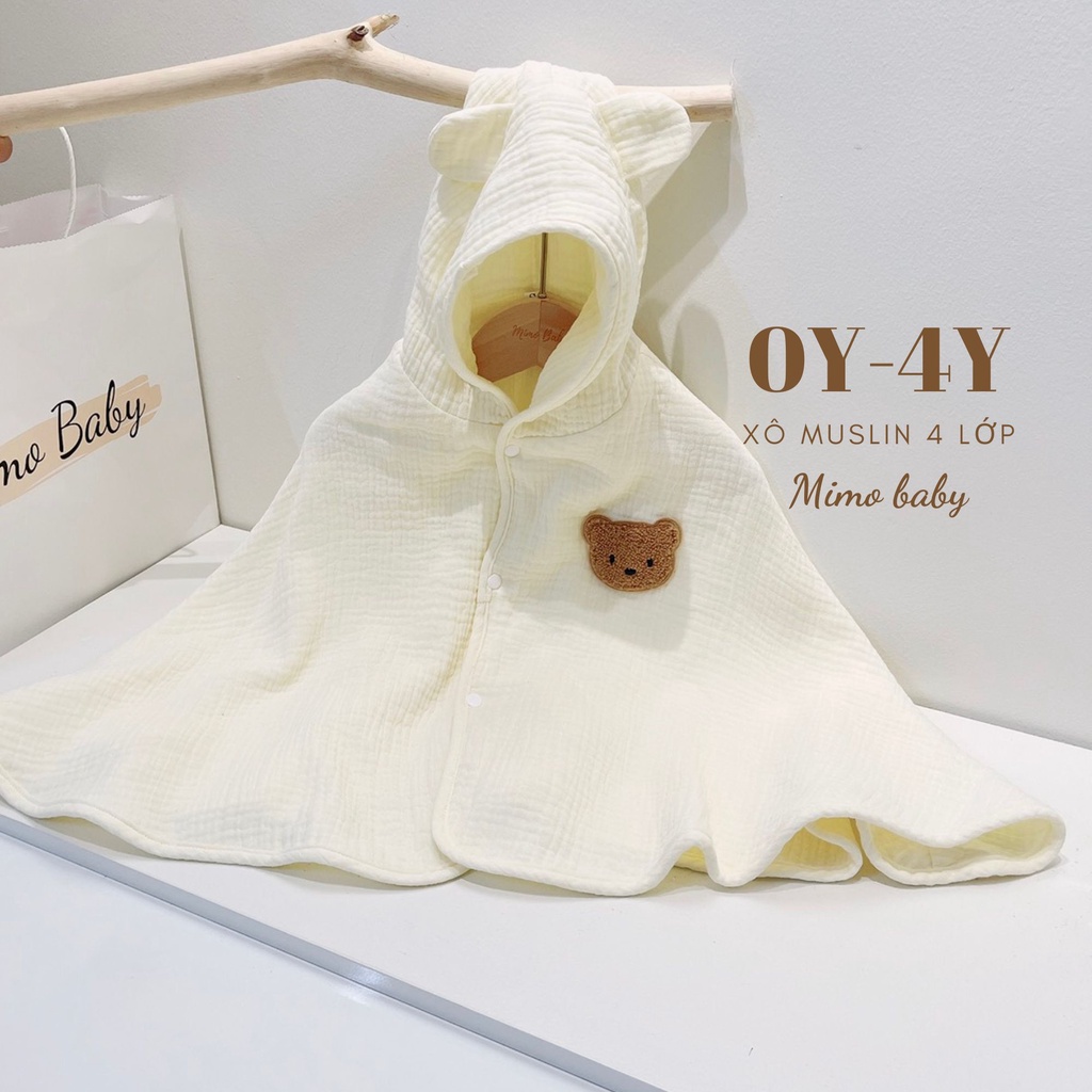 Áo choàng gấu kèm mũ chắn giọt bắn mùa thu chất liệu xô muslin 4 lớp dễ thương cho bé QA34 Mimo Baby