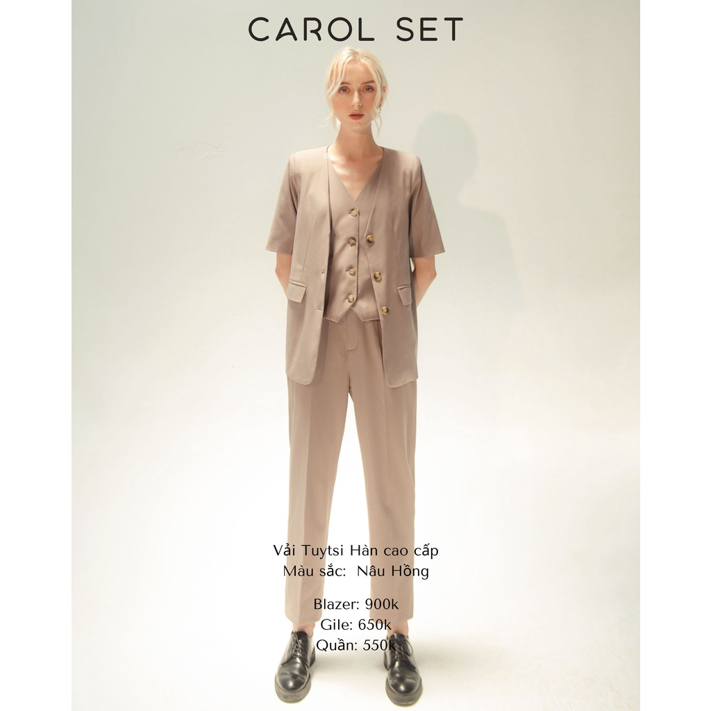 Set Suit 3 Khuy Ngắn Tay Cổ V ONMIX (Blazer + Gile + Quần Ống Đứng) - Carol suit - Nâu hồng - Vải Tuytsi Hàn