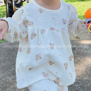 Bộ ngủ dài vải xô muslin họa tiết xinh cho bé trai bé gái