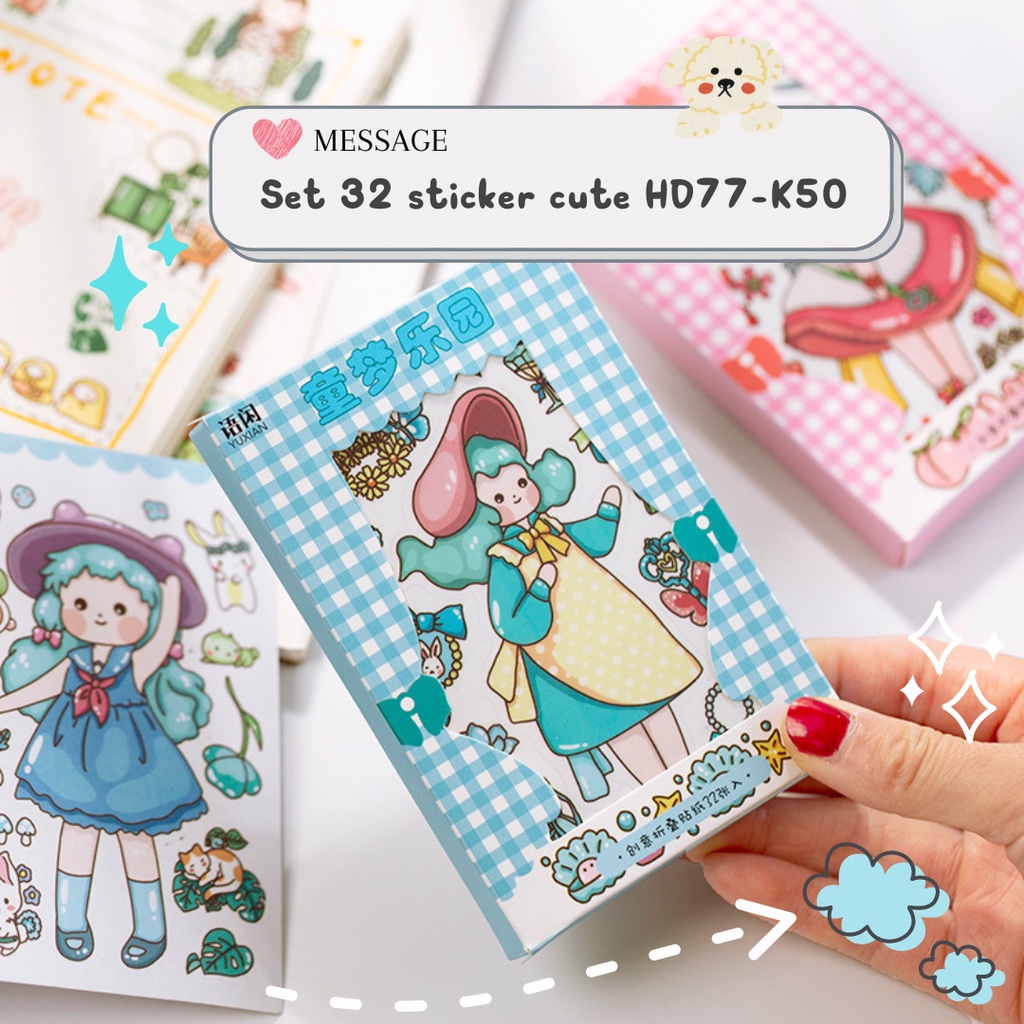 Sticker cute hộp set 32 miếng dán sổ điện thoại laptop bàn tường HD77-K50 DIY Crafts, Scrapbook, Journal, Diary, Planner