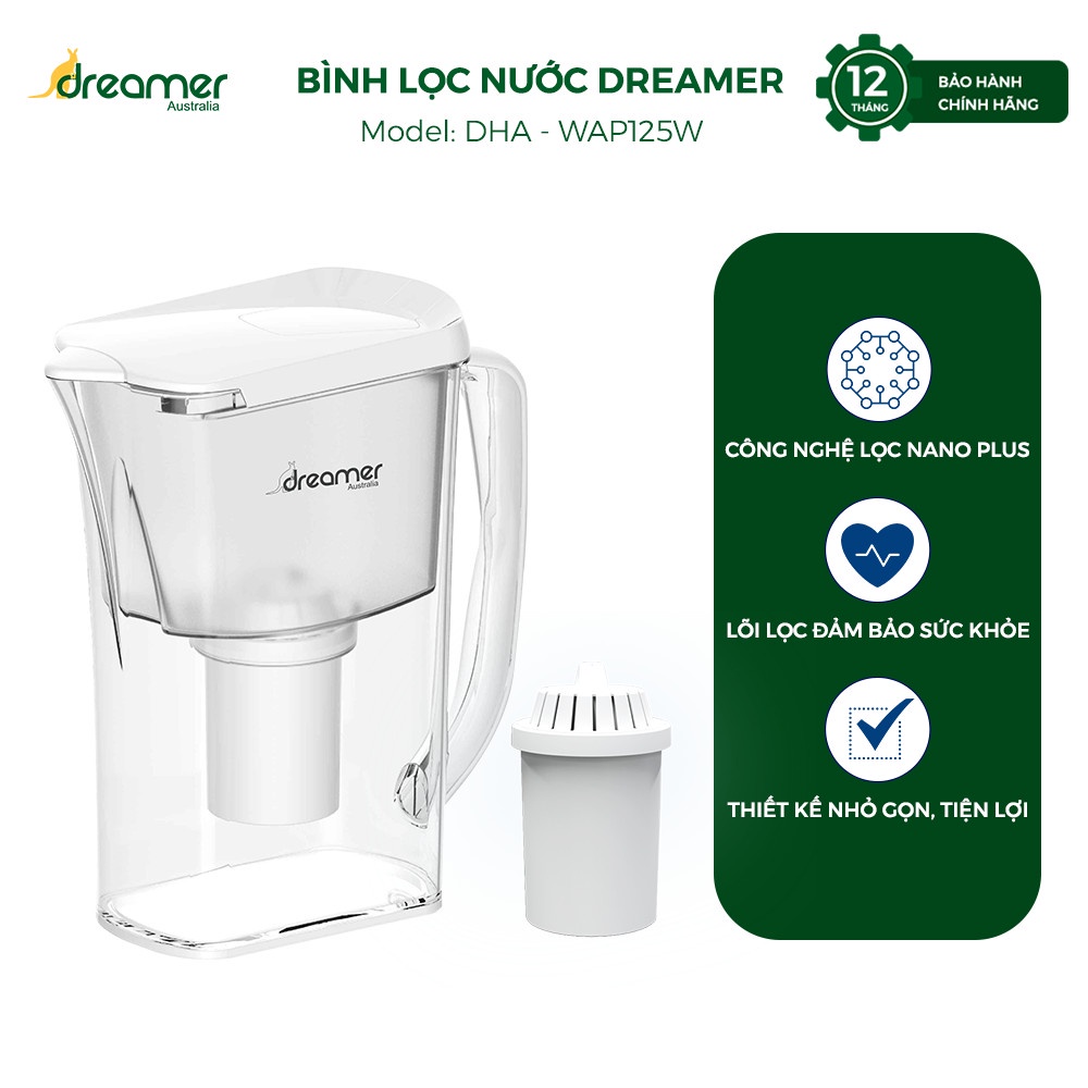 Bình Lọc Nước Để Bàn DREAMER DHA-WAP125W, bổ sung khoáng chất tốt cho tiêu hoá -[HÀNG ÚC CHÍNH HÃNG]-BH 12 tháng