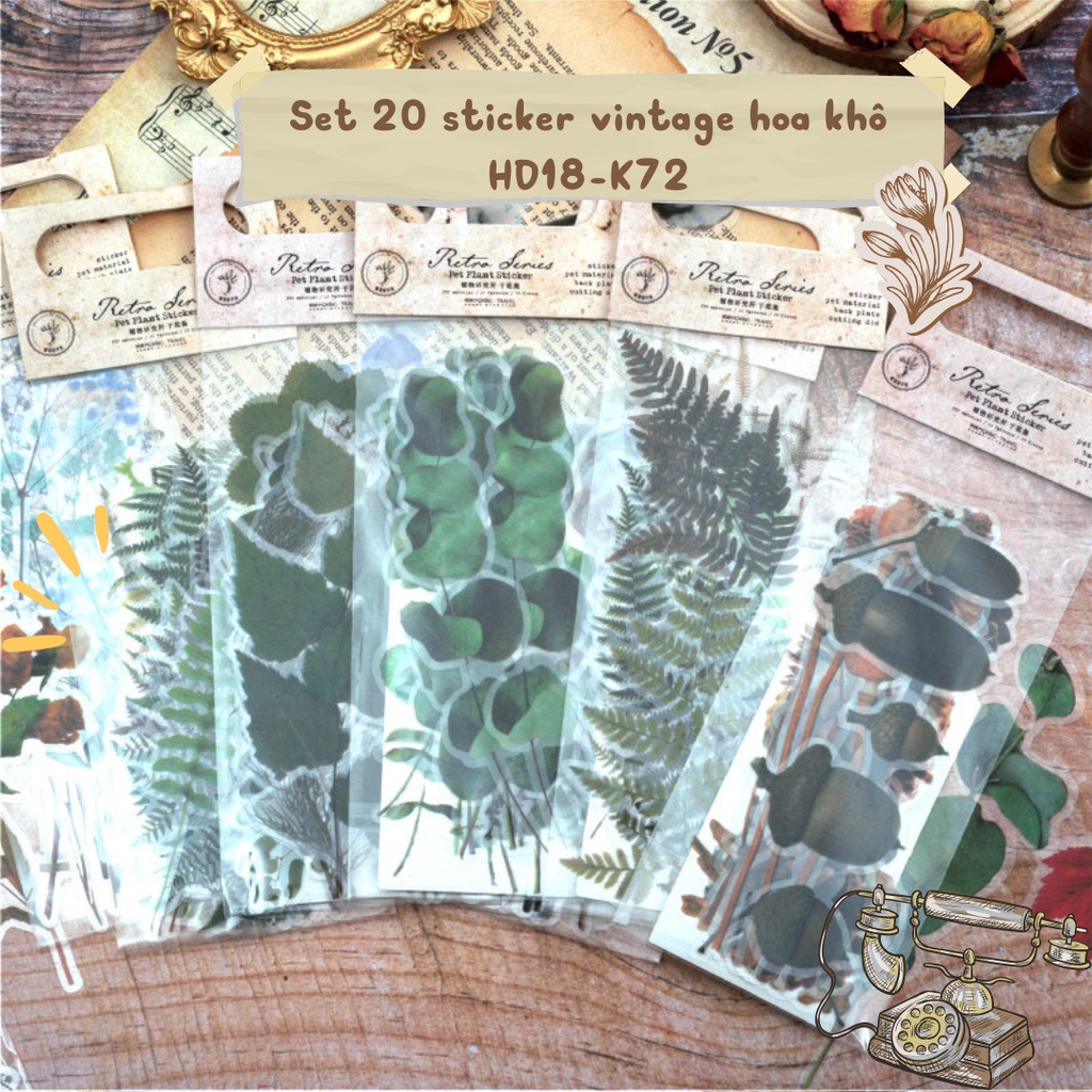 Sticker vintage set 20 miếng HD18-K72 mẫu hình hoa khô trang trí sổ tay Bullet Journal DIY Scrapbook