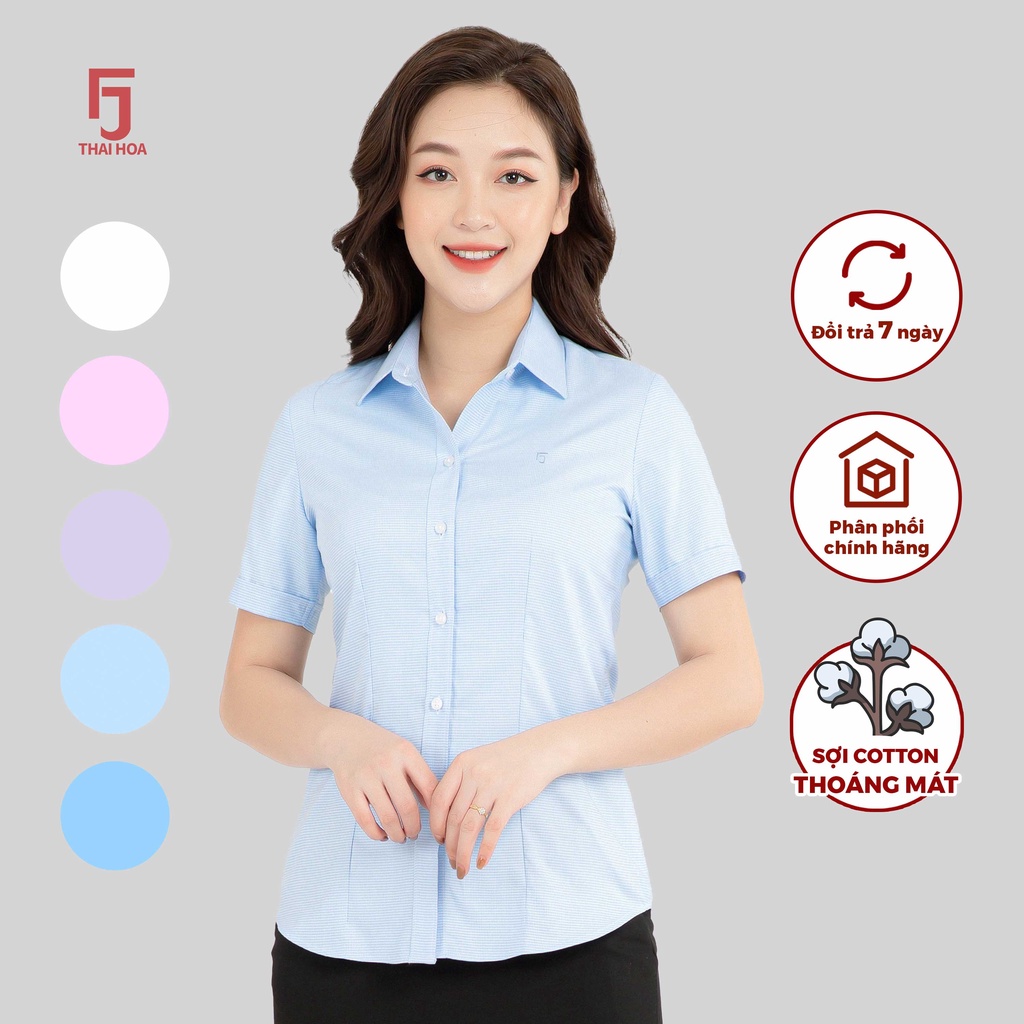 Áo sơ mi R05 ngắn tay nữ vải cotton kẻ nhuyễn form ôm các màu Thái Hòa