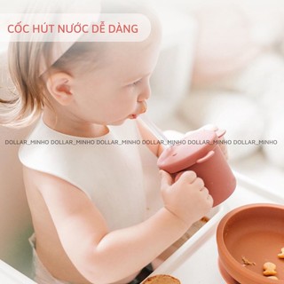 Cốc tập uống silicone hình gấu (new) cho bé từ 6 tháng, có nút đẩy nước lên kèm 2 ống hút