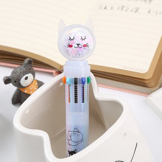 3 Bút Bi Bấm 10 Màu Nhũ Chảy Đầu Hình Mèo Xinh - Thỏ Hồng VPP