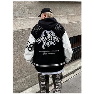 Áo Bomber Nam Nữ Chất Kaki Phối Tay Da Kem-D9, Hình Thêu Nổi, From Rộng Thời Trang Unisex, Phong Cách Hàn Quốc