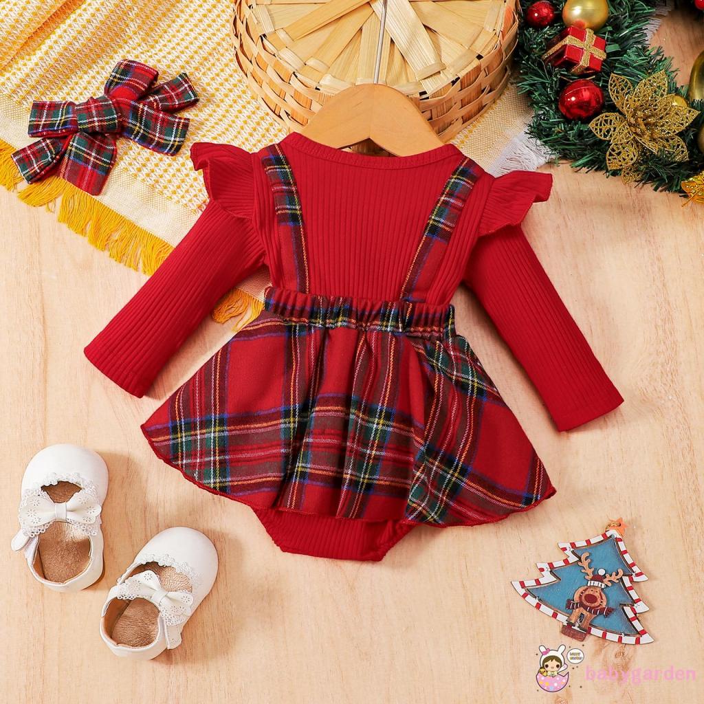 Bộ Áo Liền Quần Tay Dài Cổ Tròn Dáng Rộng Cài Khuy + Băng Đô Cài Tóc Họa Tiết Caro Dễ Thương Cho Bé Gái 0-18 Tháng Tuổi