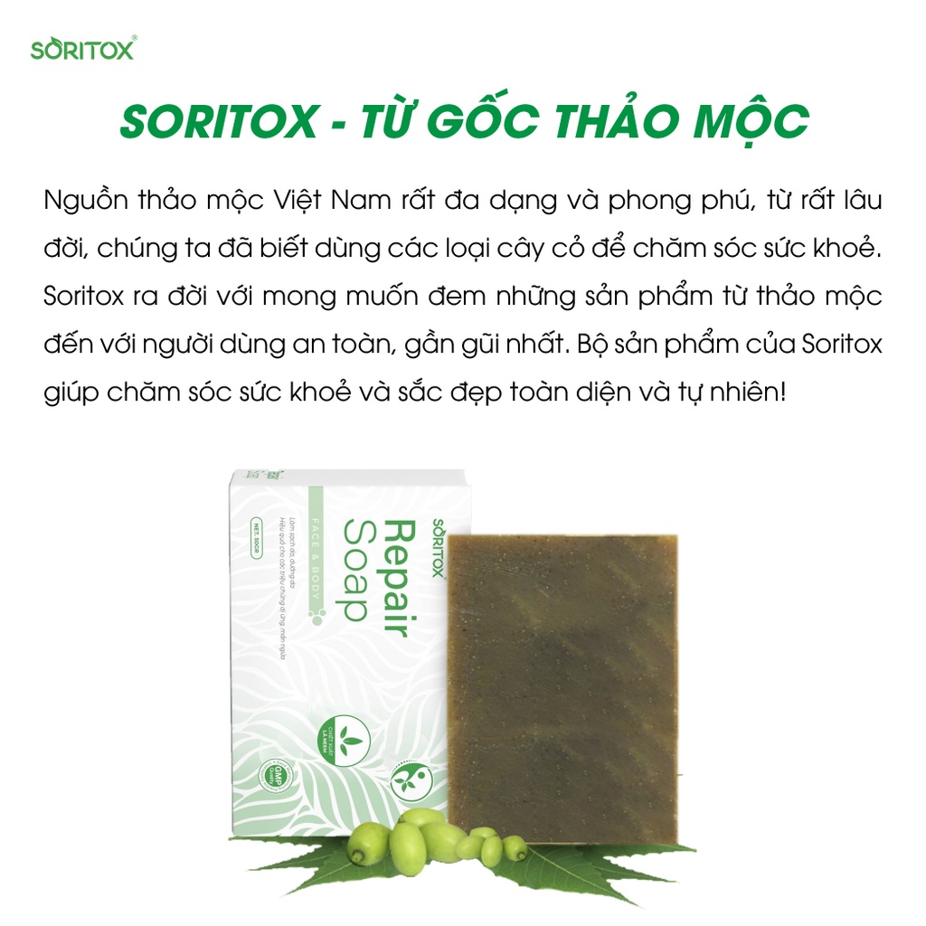 Xà bông thảo mộc chăm sóc da Vảy nến, Viêm da, Mờ thâm, Sạch mụn, Sáng da với tinh chất lá Neem - SORITOX SOAP 130GR