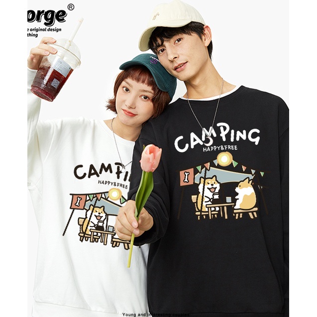 Áo Sweater Nam/Nữ HappyFamily Camping In Hình Chú Chó Shiba Happy&Free Chất Cotton 100 Cao Cấp