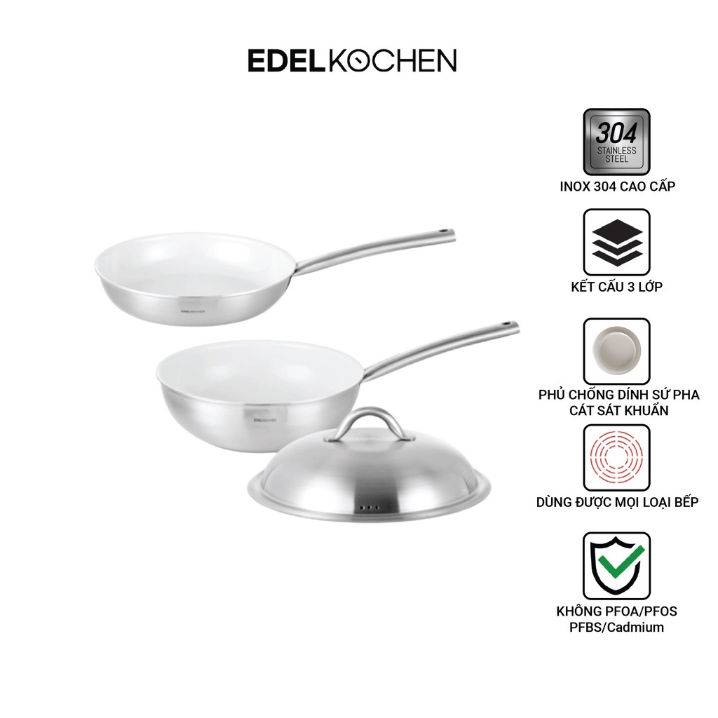 Chảo inox chống dính bếp từ Edelkochen 3 lớp Easy Prism màu Cream ...