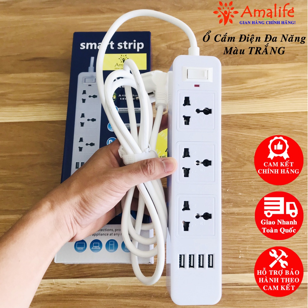 Ảnh Bộ Ổ Cắm Điện Đa Năng 3 Ổ Cắm Công Suất 2500W Và 4 Cổng USB Sạc Trực Tiếp 11W Dây 2 Mét Chính Hãng Amalife 2