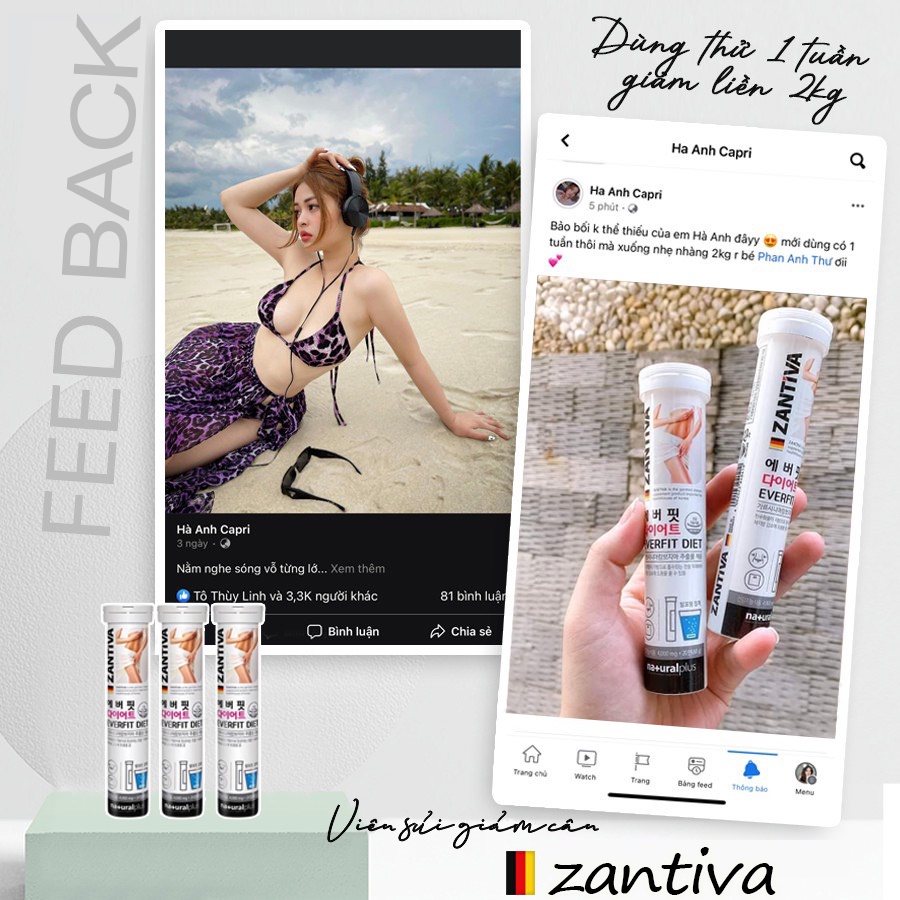Viên sủi giảm cân Zantiva - Everfit Diet, Eo thon dáng đẹp giảm mỡ bụng, lọ 20 viên xuất xứ từ Đức