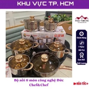 🌟Bảo hành 12 tháng🌟 Bộ nồi inox 6 món bếp từ, 5 đáy, chống dính công nghệ Đức - CHEF&CHEF [Nội địa Trung]