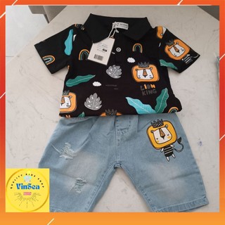 Set Bộ Sư Tử Siêu Xinh - Áo Thun Polo Kết Hợp Quần Bò Jean Cào Nhẹ Siêu Cute Bé Trai 1-7 tuổi, N&H Kids.