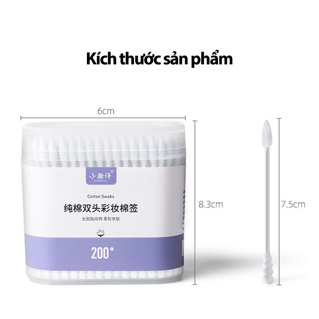 Hộp 200 chiếc tăm bông ngoáy tai 2 đầu mềm mại vệ sinh tai mũi an toàn tiện lợi