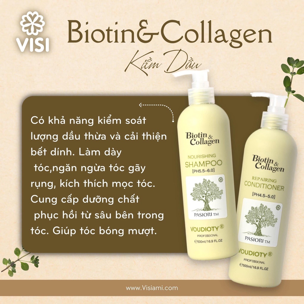 Combo Dầu Gội Xả Biotin Collagen Voudioty Xanh Lá giúp giảm rụng tóc, kiềm dầu 500ml-1000ml