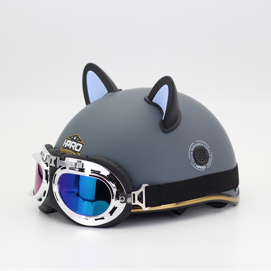 Ảnh Mũ bảo hiểm nửa đầu Hpro helmet cao cấp, kèm kính phi công, có tai mèo cute, thời trang, cá tính, FreeSize (54-58cm) 3