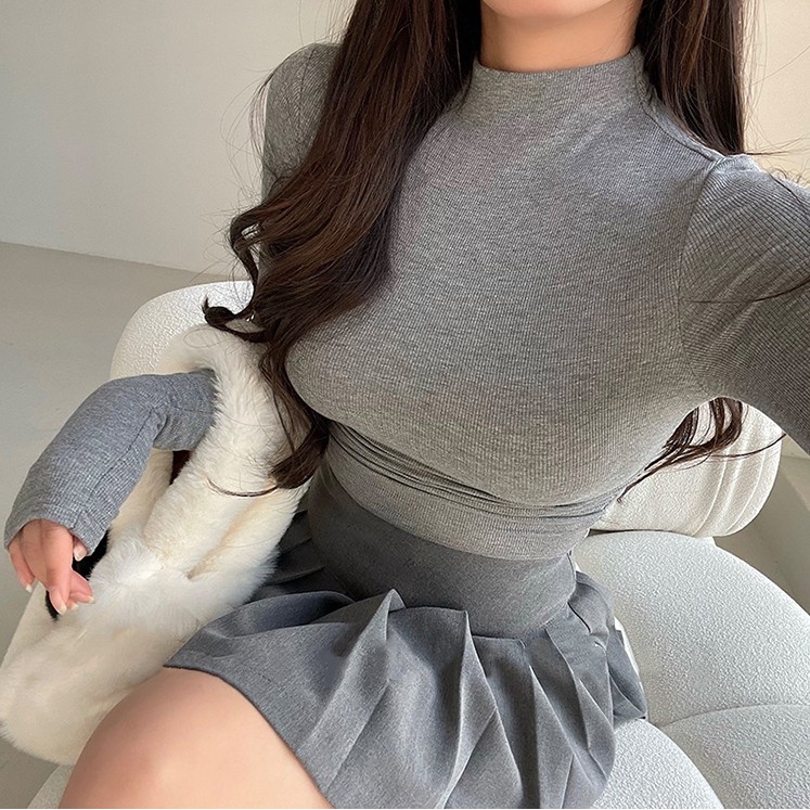 Áo Thun Croptop Tay Dài Vải Lông Cừu Dáng Ôm Ngắn Cổ Cao Xếp Ly Bên Hông Phong Cách Âu Mỹ Quyến Rũ Cho Nữ