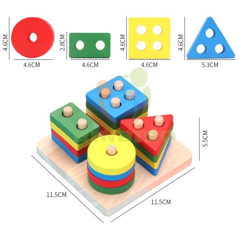 Thả hình khối 4 cọc bằng gỗ đồ chơi Montessori phát triển trí tuệ giúp bé phân biệt hình khối và màu sắc