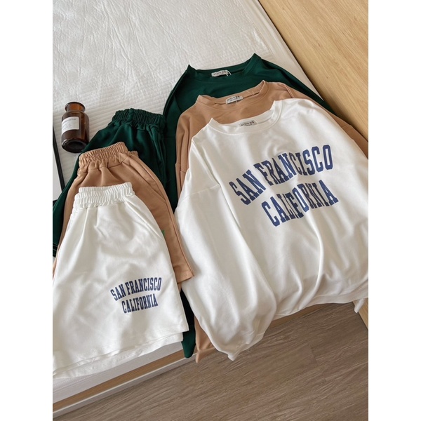 Set nỉ mỏng, set áo sweatshirt kèm quần in chữ 5d