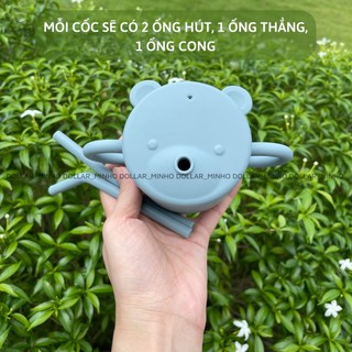 Cốc tập uống silicone hình gấu (new) cho bé từ 6 tháng, có nút đẩy nước lên kèm 2 ống hút