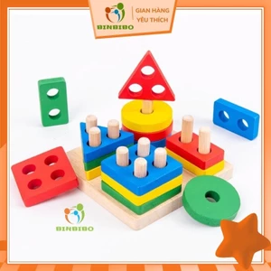 Thả hình khối 4 cọc bằng gỗ đồ chơi Montessori phát triển trí tuệ giúp bé phân biệt hình khối và màu sắc