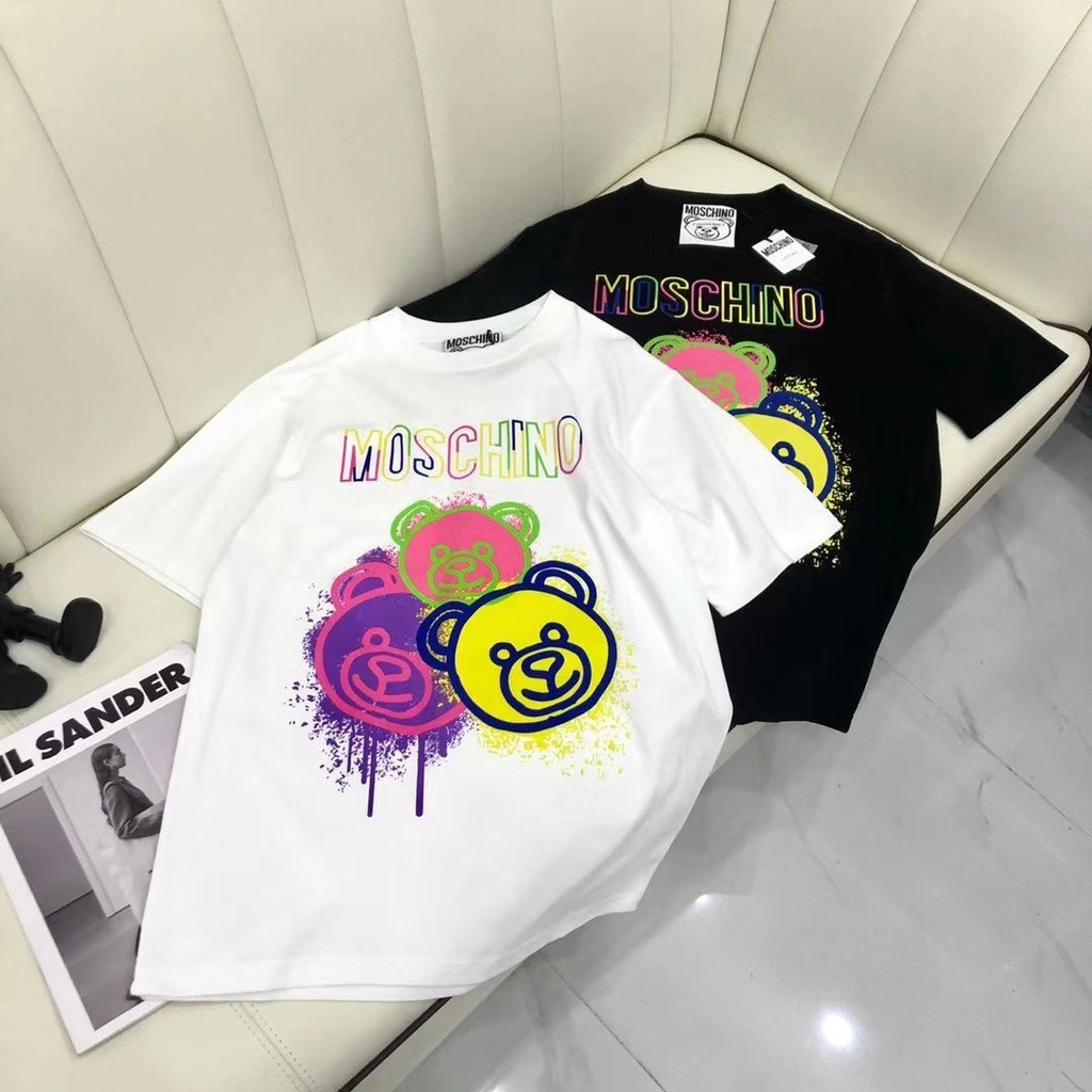 MOSCHINO Cotton Nguyên Chất Gấu Cổ Tròn Áo Thun Nam Nữ Cặp Đôi Phong Cách Cổ Nhãn + Thẻ