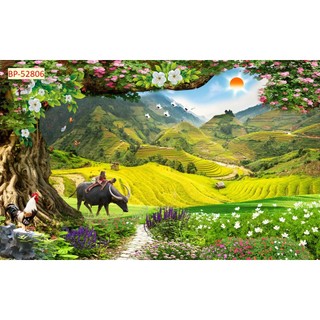 Tranh vải lụa kim sa thác nước thiên nhiên đầm sen, thác nước hùng vĩ khổ lớn