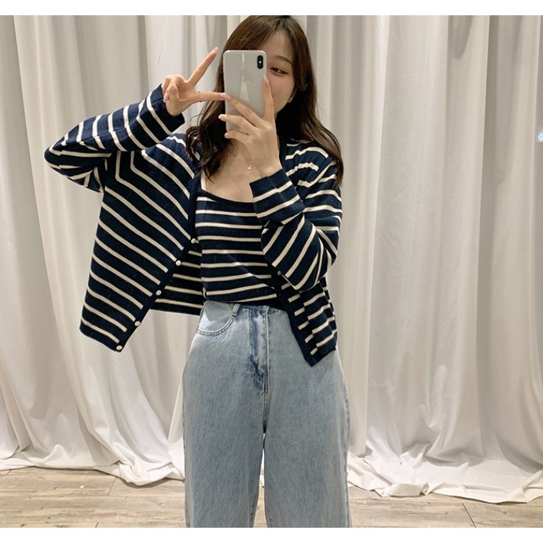 SUXI Áo len dệt kim sọc mỏng vừa vặn Áo hai mảnh phù hợp cho nữ