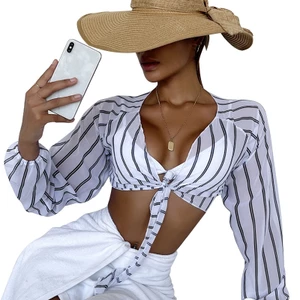 PCF * Nữ Puff Dài Tay Đi Biển Áo Sơ Mi Cổ Chữ V Thắt Nơ Phía Trước Shrug Sọc Crop Cardigan Bộ Đồ Tắm Sheer Cover U