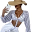 PCF * Nữ Puff Dài Tay Đi Biển Áo Sơ Mi Cổ Chữ V Thắt Nơ Phía Trước Shrug Sọc Crop Cardigan Bộ Đồ Tắm Sheer Cover U