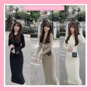 Váy body nữ trơn Quảng Châu thiết kế dài tay cổ tròn dáng dài siêu xinh, Đầm nữ dự tiệc chất len tăm co dãn đẹp
