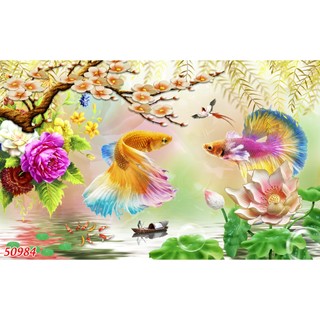 Tranh 3D cá chép thác nước trong xanh tranh phong thuỷ, hút tài lộc