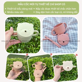 Cốc tập uống silicone hình gấu (new) cho bé từ 6 tháng, có nút đẩy nước lên kèm 2 ống hút