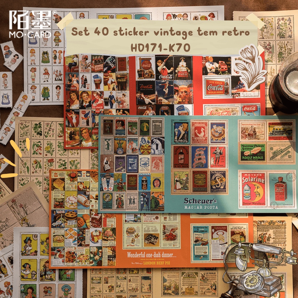 Sticker vintage set 40 nhãn dán hình tem retro DIY sổ tay  bullet journal scrapbook album sổ nhật ký lưu niệm HD171-K70
