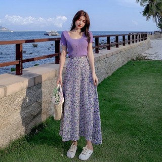 Chân Váy Chữ A Lưng Cao Co Giãn Họa Tiết Hoa Tím Phong Cách Preppy Mới Cho Nữ