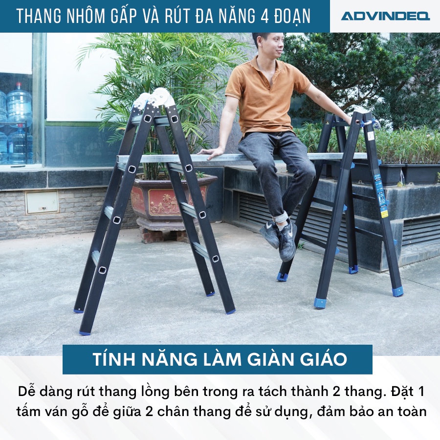 Thang Nhôm Gấp Và Rút Đa Năng 4 Đoạn 5,5m ADVINDEQ AML45, linh hoạt 5 tư thế, khóa sập tự động an toàn, tải trọng 150kg