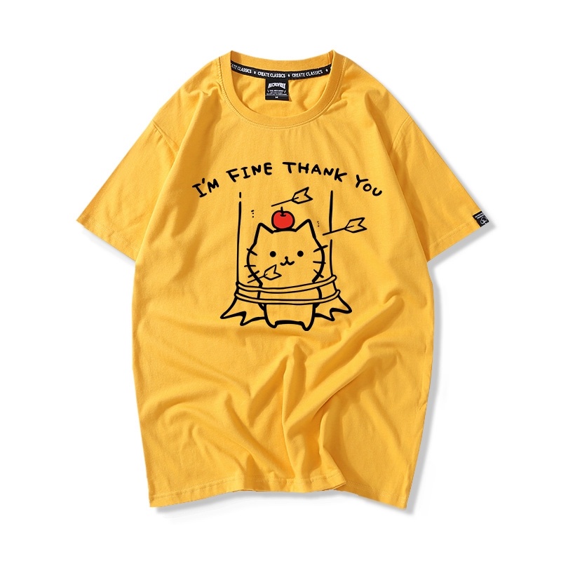 Áo Thun Nữ Tay Lỡ HappyFamily In Hình Chú Mèo Ngộ Nghĩnh I'm Fine Thank You Cotton 100 Cao Cấp