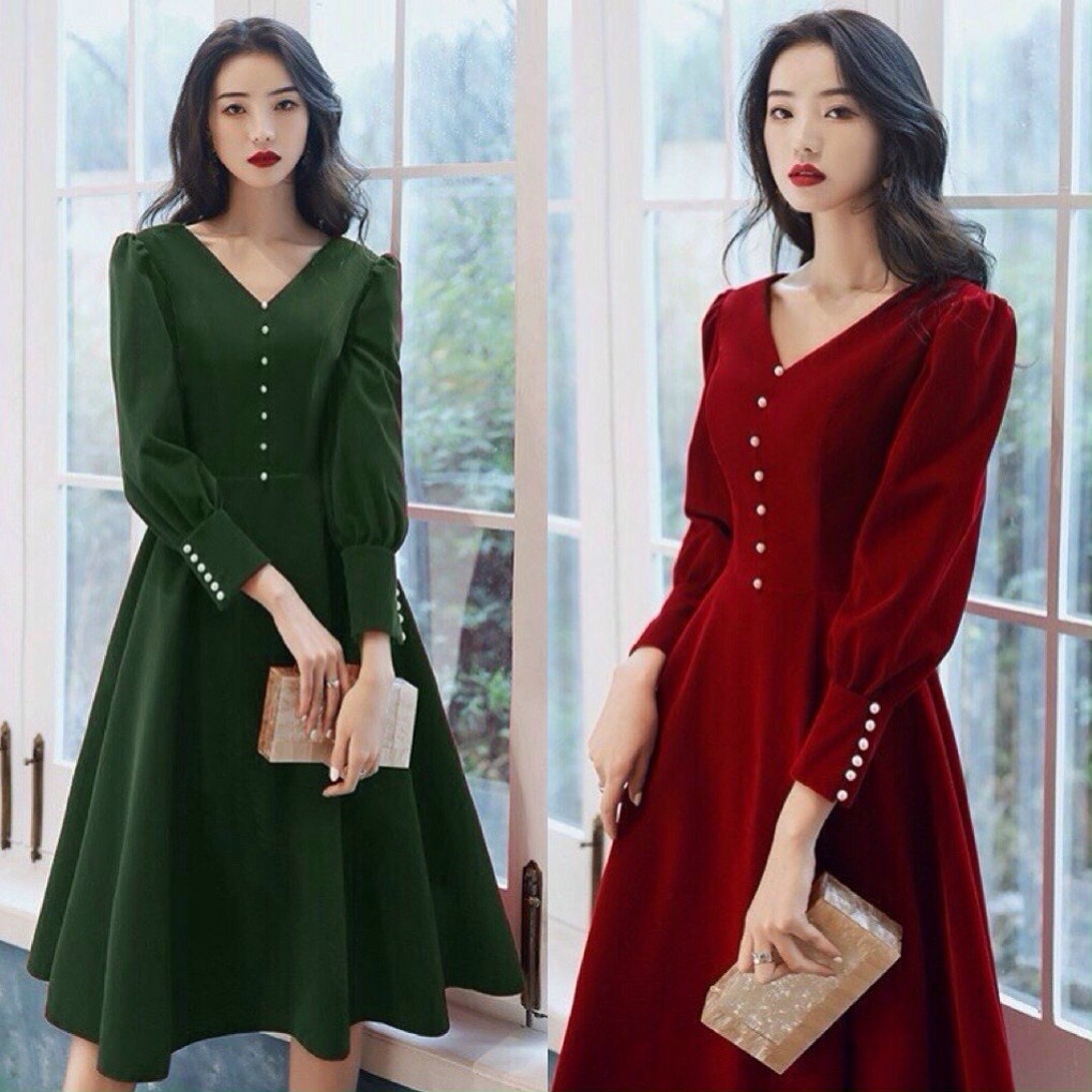Kalie Dress - Đầm Tay Dài Cổ V Đính Nút Xéo Phom Dáng Chữ A Sang Trọng
