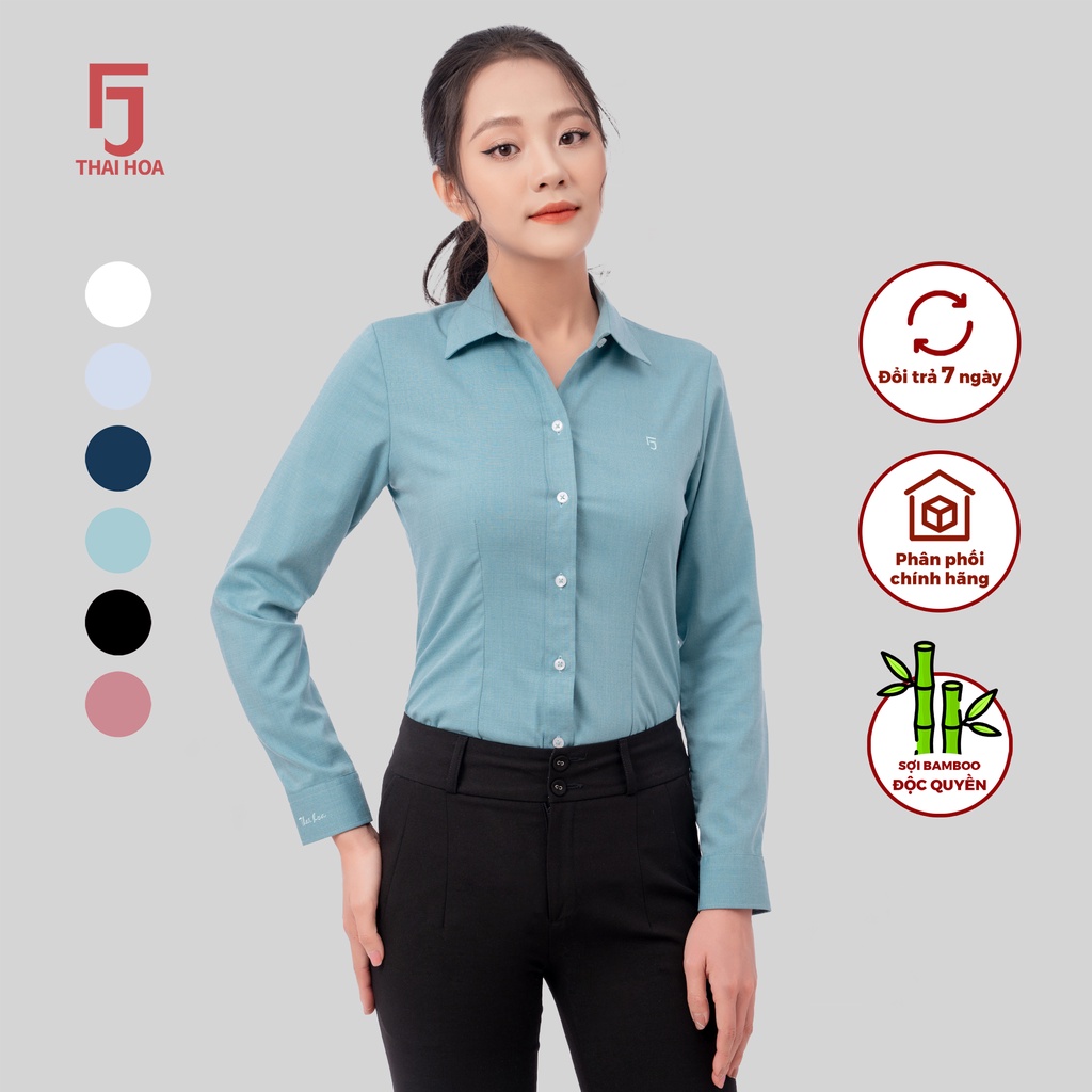 Áo sơ mi nữ R11 dài tay tinh chất sợi tre vải xước form ôm Thái Hòa dài tay nữ cổ Đức