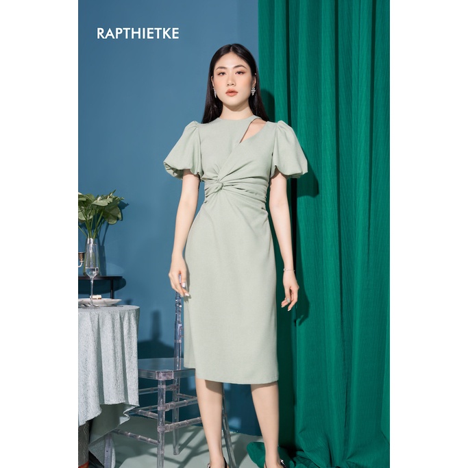 RẬP – Đầm Xanh Tay Phồng Khoét Vai Xoắn Eo – GREEN 02 MINT