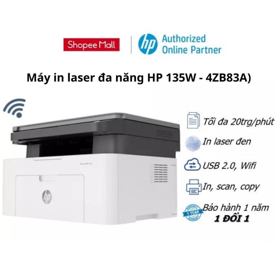 [Mã BMLTA35 giảm đến 35K đơn 99K] Máy in đa chức năng HP LaserJet MFP 135w Printer, 1Y WTY_4ZB83A - Hàng chính hãng