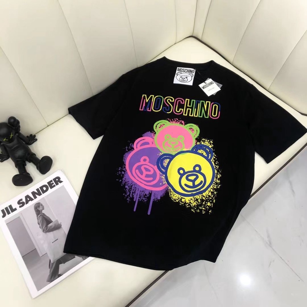 MOSCHINO Cotton Nguyên Chất Gấu Cổ Tròn Áo Thun Nam Nữ Cặp Đôi Phong Cách Cổ Nhãn + Thẻ