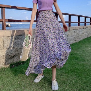 Chân Váy Chữ A Lưng Cao Co Giãn Họa Tiết Hoa Tím Phong Cách Preppy Mới Cho Nữ