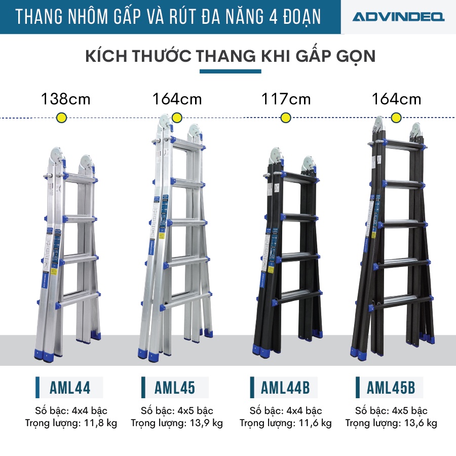 Thang Nhôm Gấp Và Rút Đa Năng 4 Đoạn 5,5m ADVINDEQ AML45, linh hoạt 5 tư thế, khóa sập tự động an toàn, tải trọng 150kg
