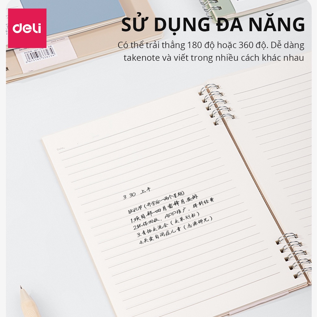 Sổ lò xo gáy xoắn màu pastel A5 120 trang kẻ ngang Deli - Phù hợp làm planner, sử dụng như tập vở học sinh - NS307