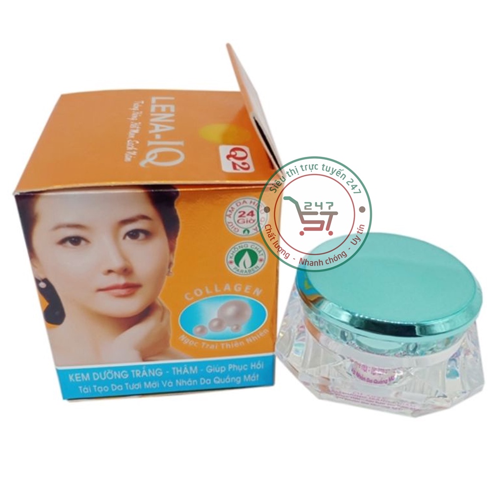 Kem dưỡng Trắng da mặt Tái tạo da mờ Nhăn Thâm quầng mắt Ngọc trai collagen Lena IQ (cam-xanh)