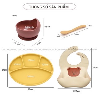 <Tặng nắp> Set ăn dặm khay size nhỏ 5 món bằng silicon cao cấp cho bé gồm bát, khay, yếm, thìa Minho